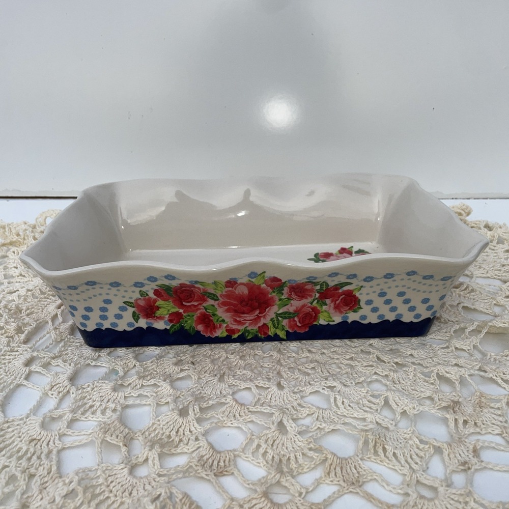 Pioneer Woman Stoneware Dish Casserole Baking Floral Ruffled Edge  12"x8"x3"